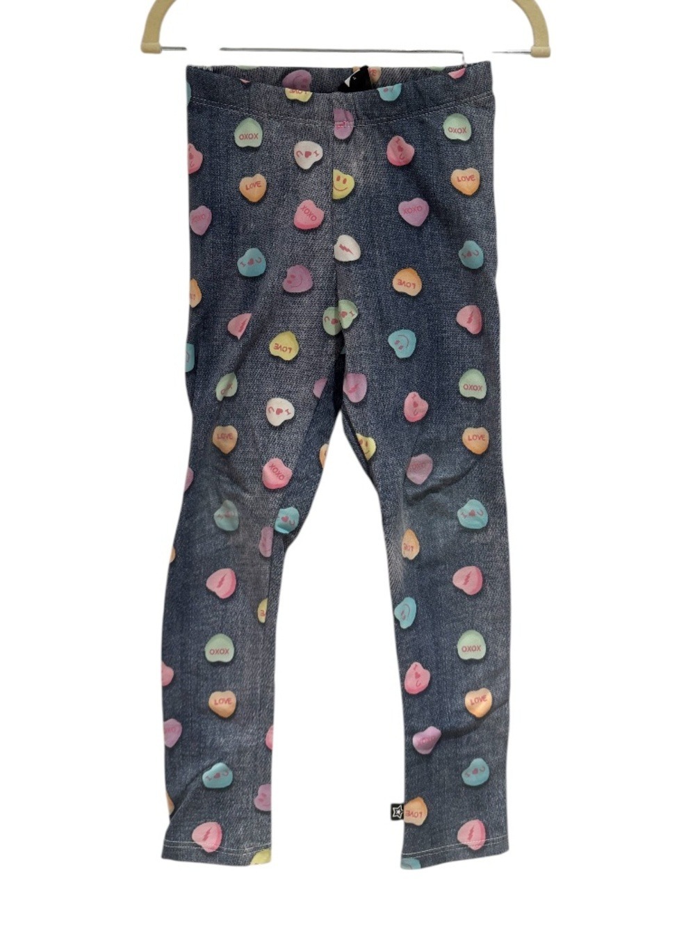 PIXIE LANE blue denim-look  / conversation hearts pastel print leggings - size 4